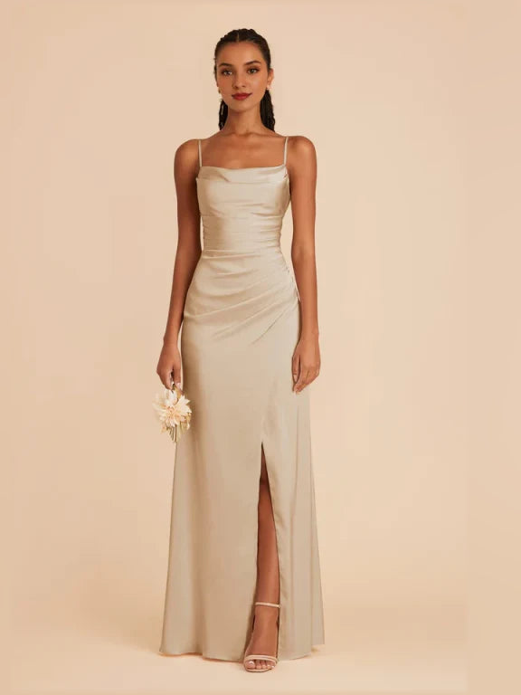Beige ruched cowl-neck maxi satin dress with side slit and thin shoulder straps