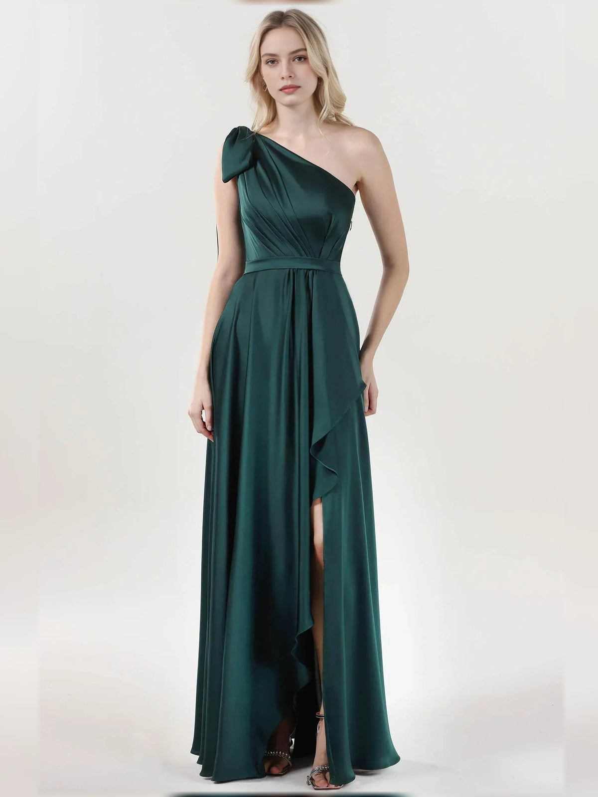 One-shoulder A-line formal dress in teal with diagonal waist drape and side slit