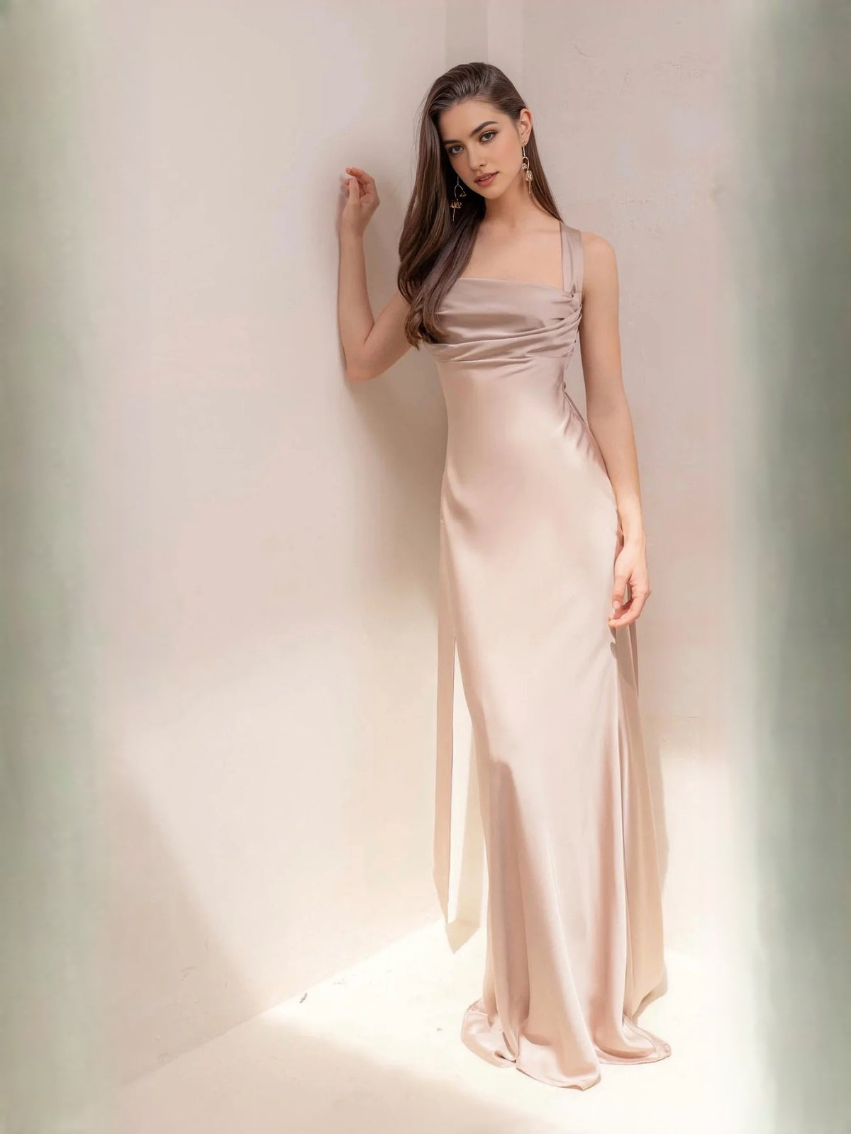 Champagne satin cowl-neck sheath maxi dress with draped waist and side slit