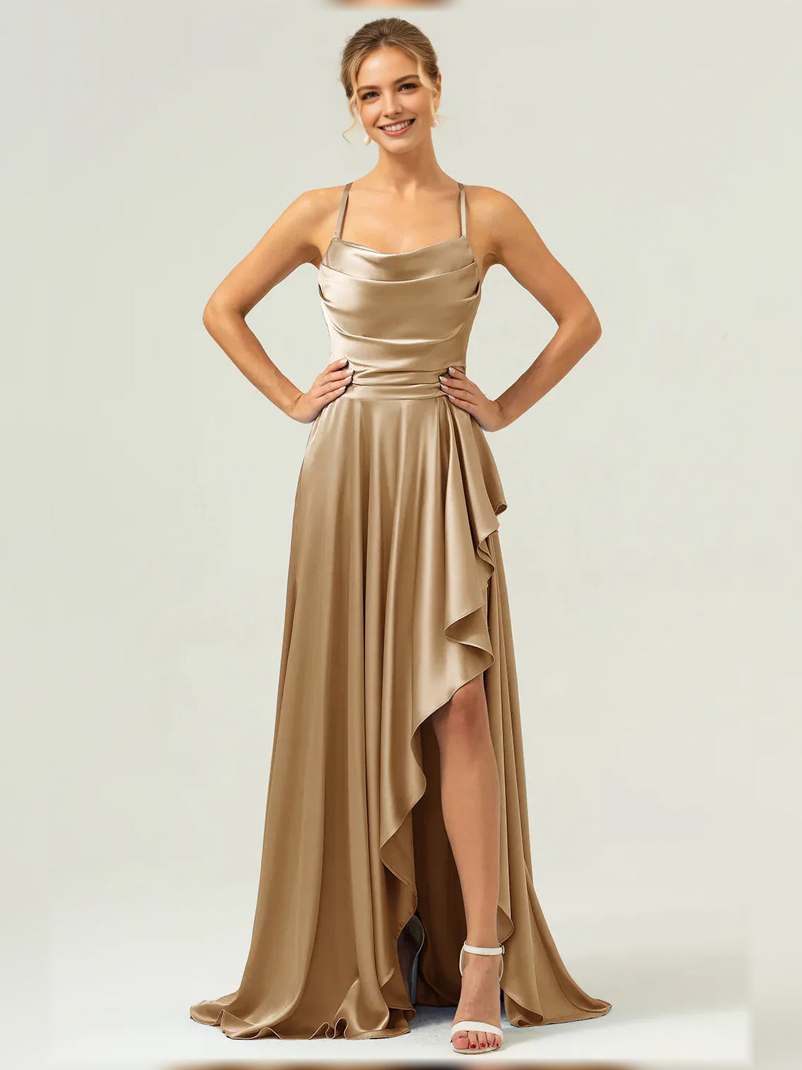 Champagne-gold cowl-neck formal dress with thin straps, ruffled hem, and high slit