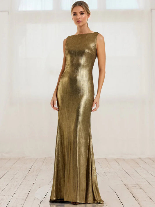 Gold sleeveless mermaid formal dress with floor-length silhouette and back slit