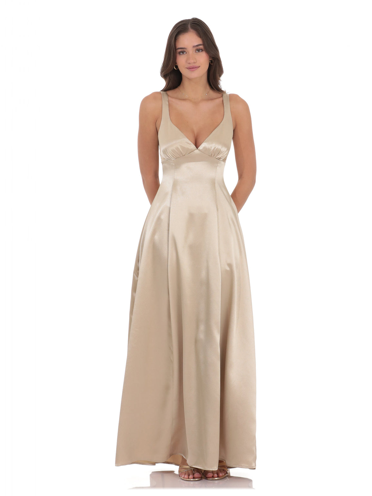 Gold satin V-neck fit-and-flare maxi dress with gathered waist and flowing skirt