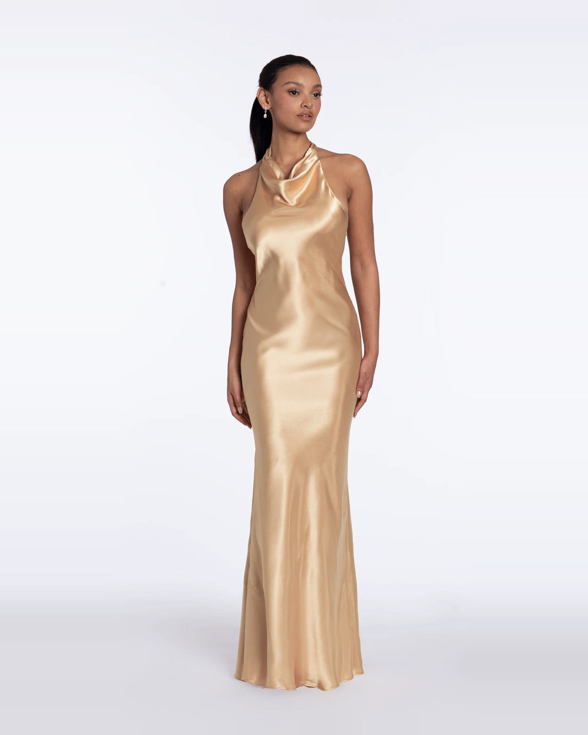 Ivory halter-neck column maxi prom dress with draped cowl neckline