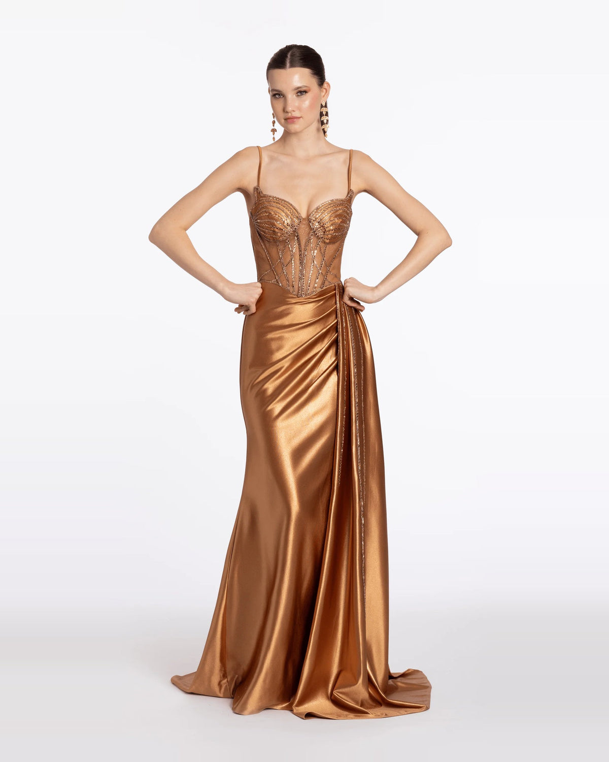 Gold satin corset column maxi dress with draped skirt and beaded lace bodice