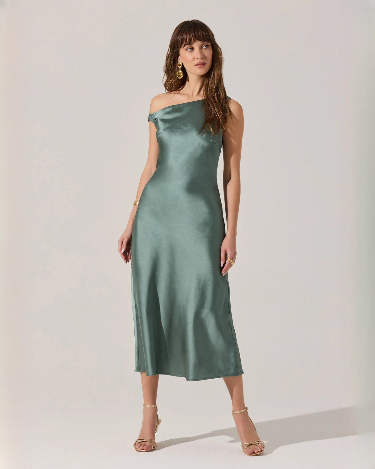 Deep sage off-shoulder satin midi A-line bridesmaid dress with draped neckline
