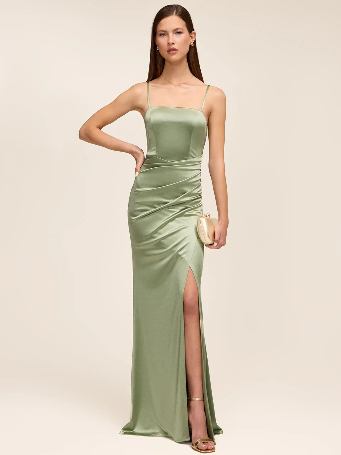 Dusty sage satin square-neck ruched formal dress with center thigh slit and spaghetti straps