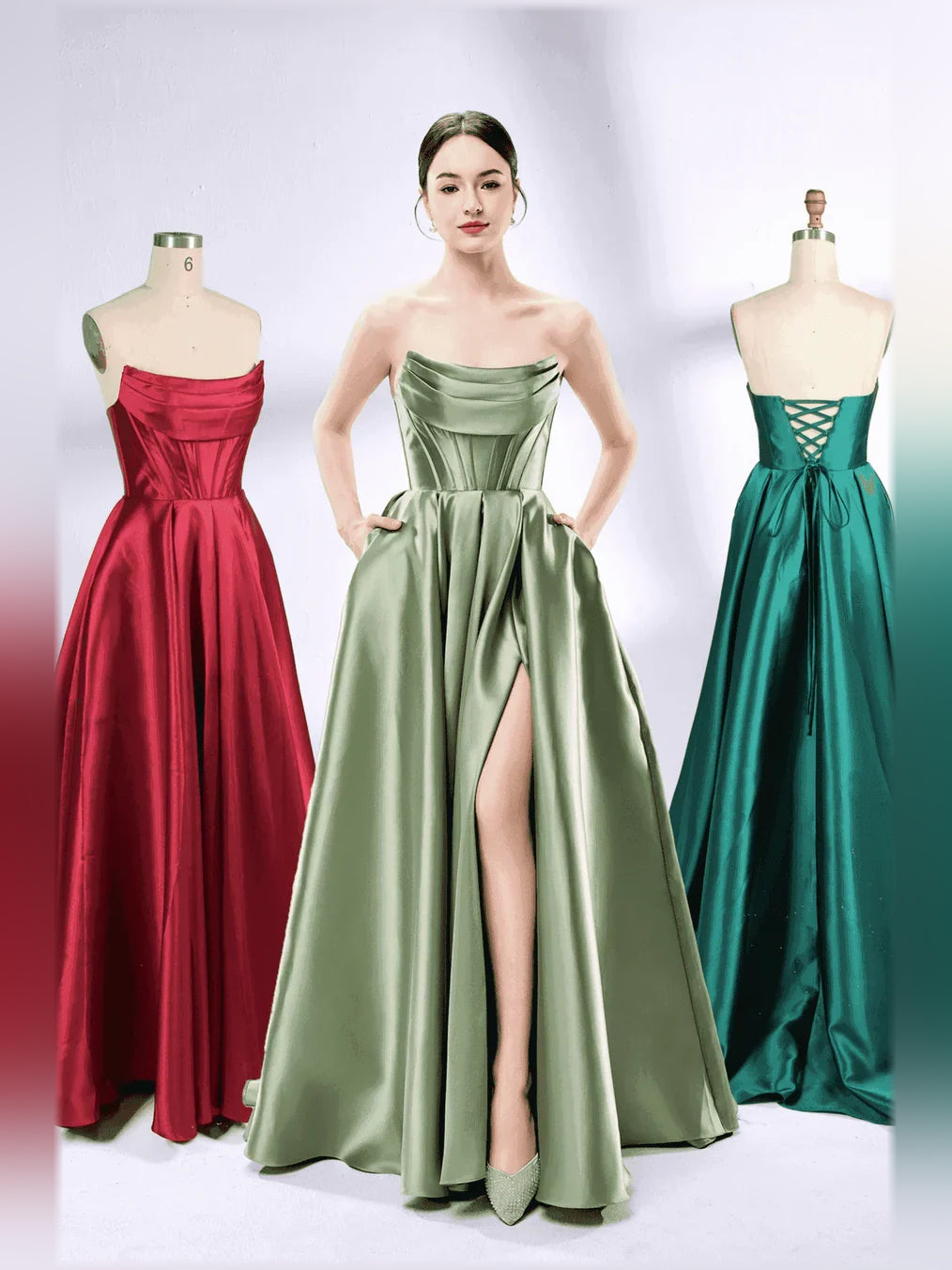 Strapless corset formal dresses on mannequins: burgundy, sage green, and deep teal