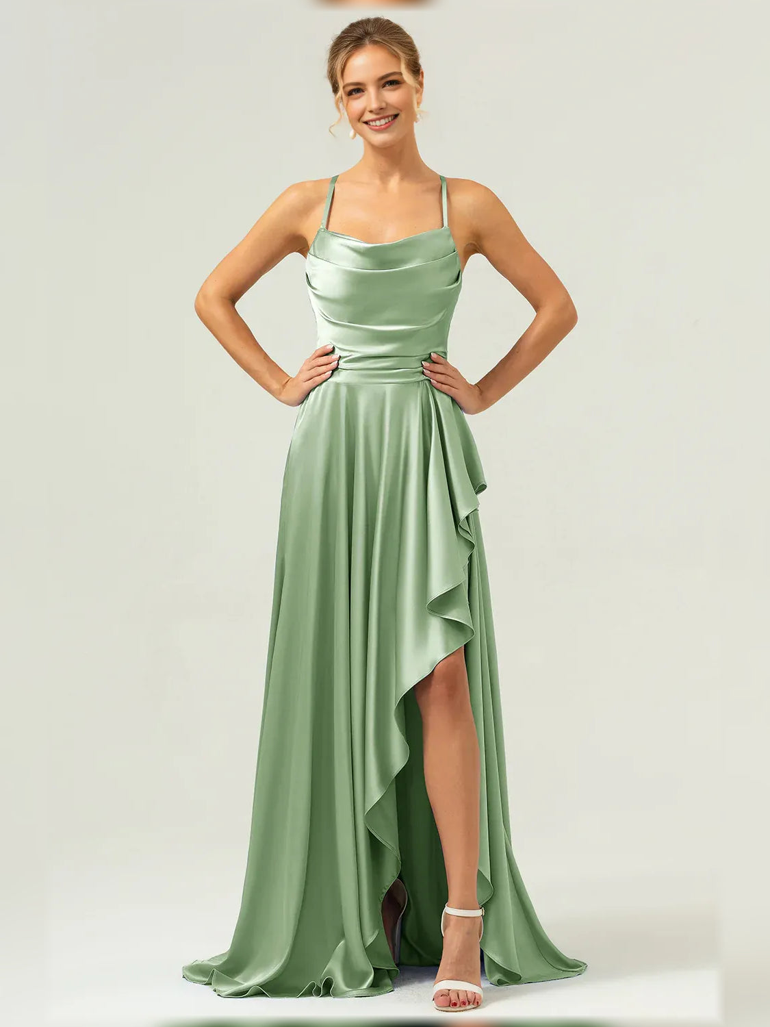 Dusty sage cowl-neck formal dress with thin straps, ruffled hem, and high slit