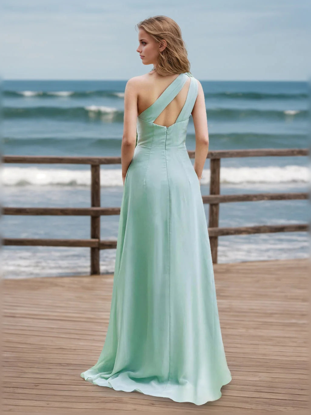 Dusty sage one-shoulder satin A-line dress with crisscross open back