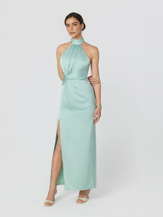 Dusty sage halter neck floor-length fitted dress with open back slit