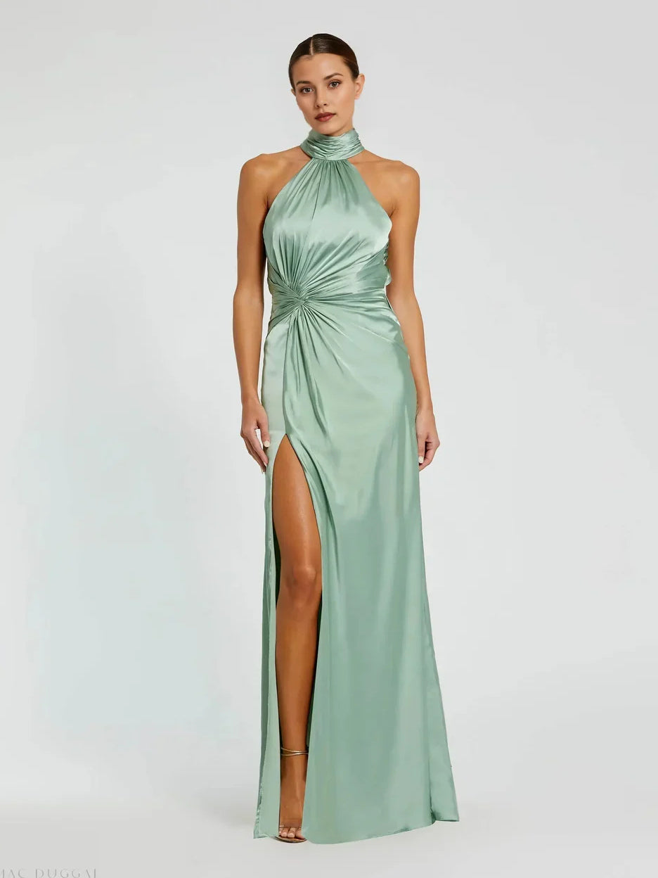 Mint satin halter prom dress with ruched waist and side slit, floor-length