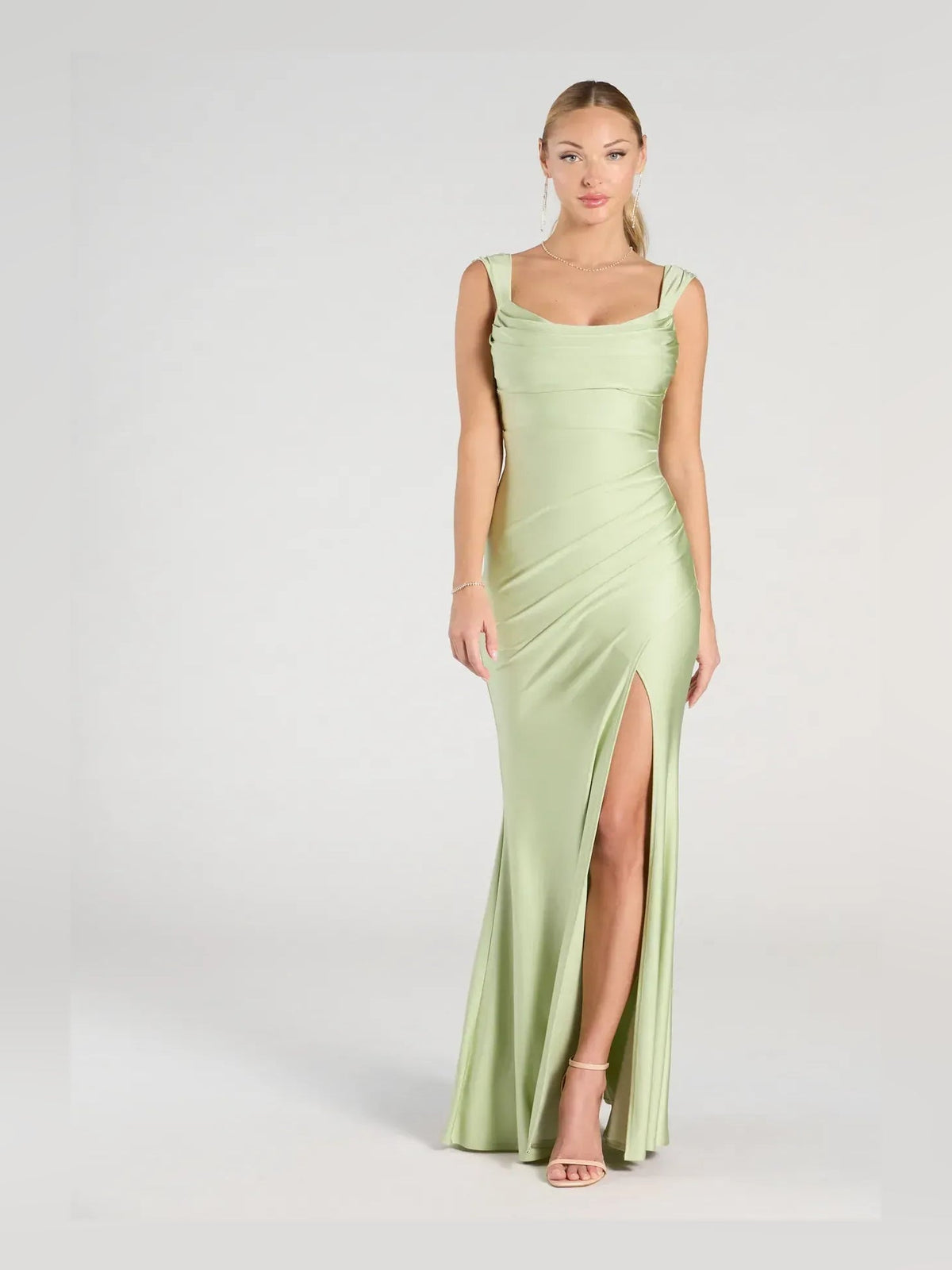 Sage green cowl-neck ruching slit formal dress, front view, long hem