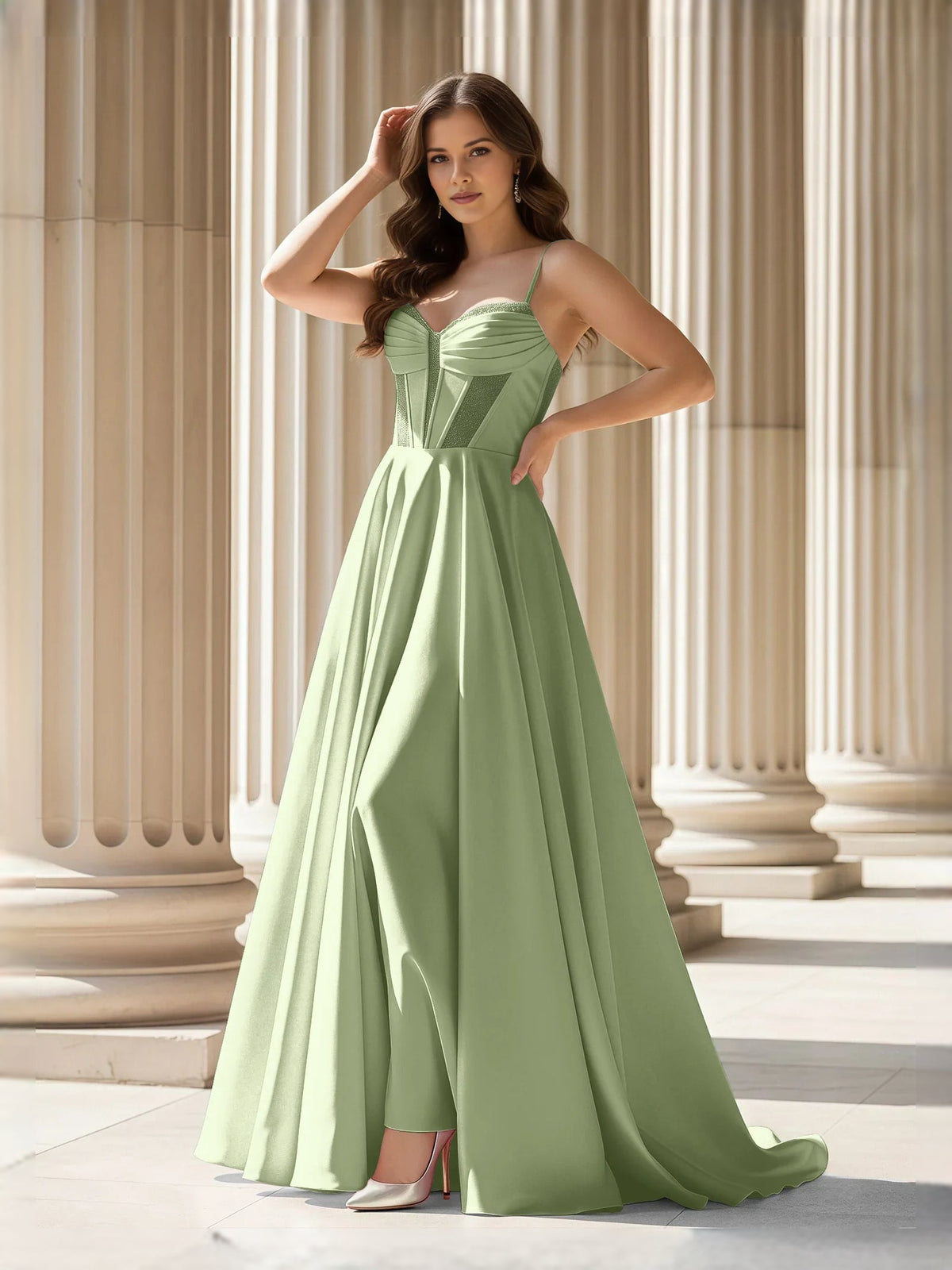 Sage green sweetheart corset A-line satin prom dress with spaghetti straps, floor length