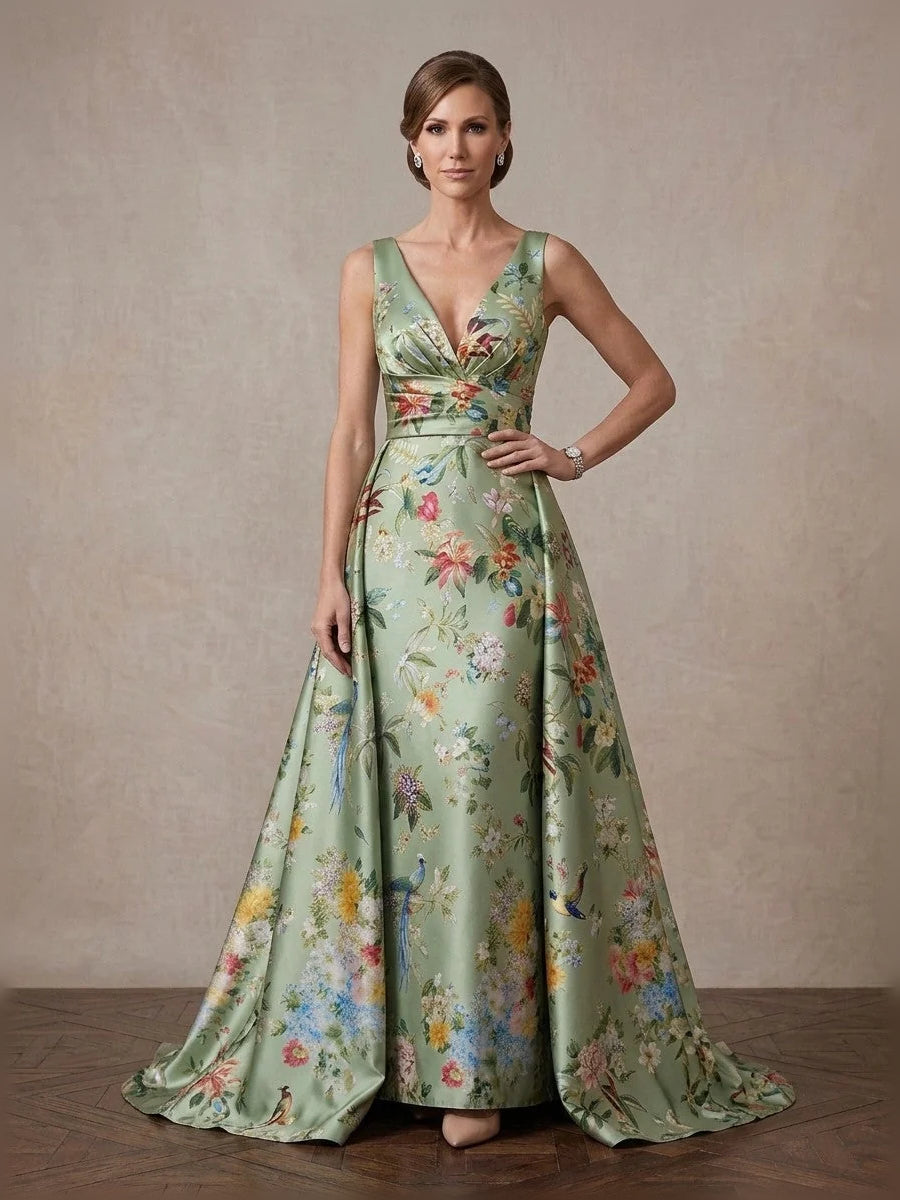 Sage green floral satin sleeveless V-neck A-line maxi dress with gathered waist.
