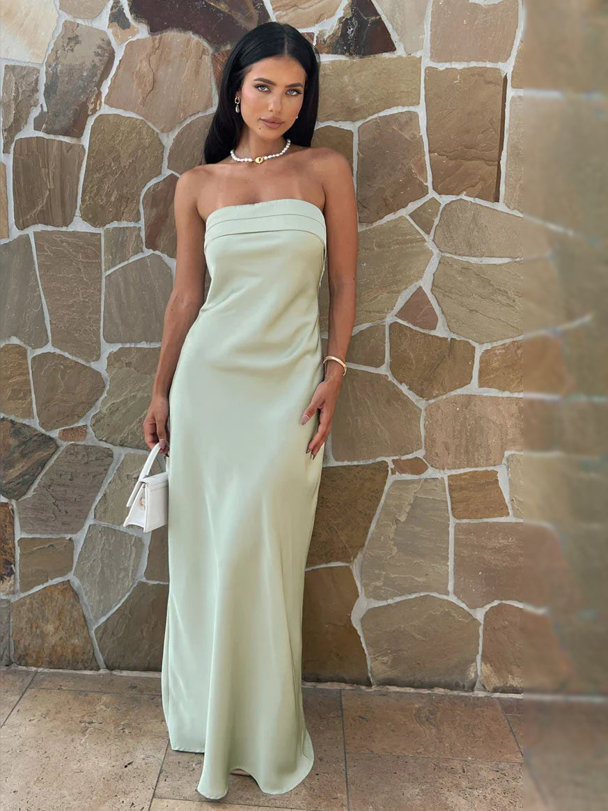 Sage green strapless mermaid satin maxi dress with sweetheart neckline