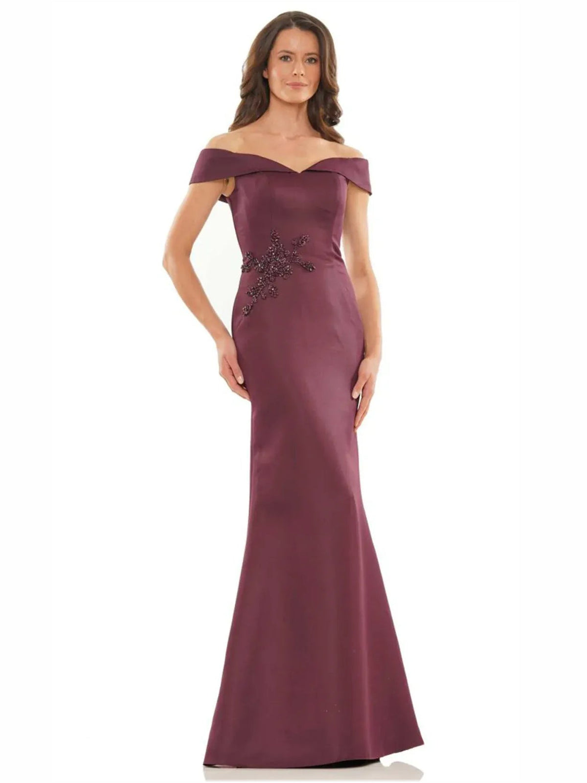 Burgundy off-shoulder mermaid gown with beaded bodice detail, floor-length formal dress