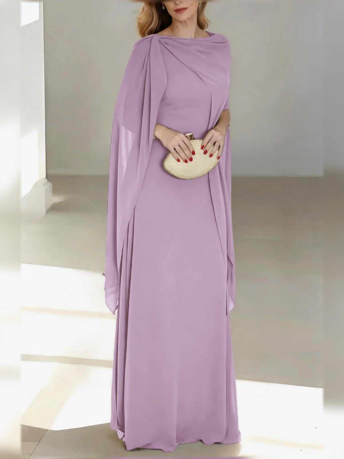 Mauve draped V-neck A-line chiffon mother of the bride dress, floor-length