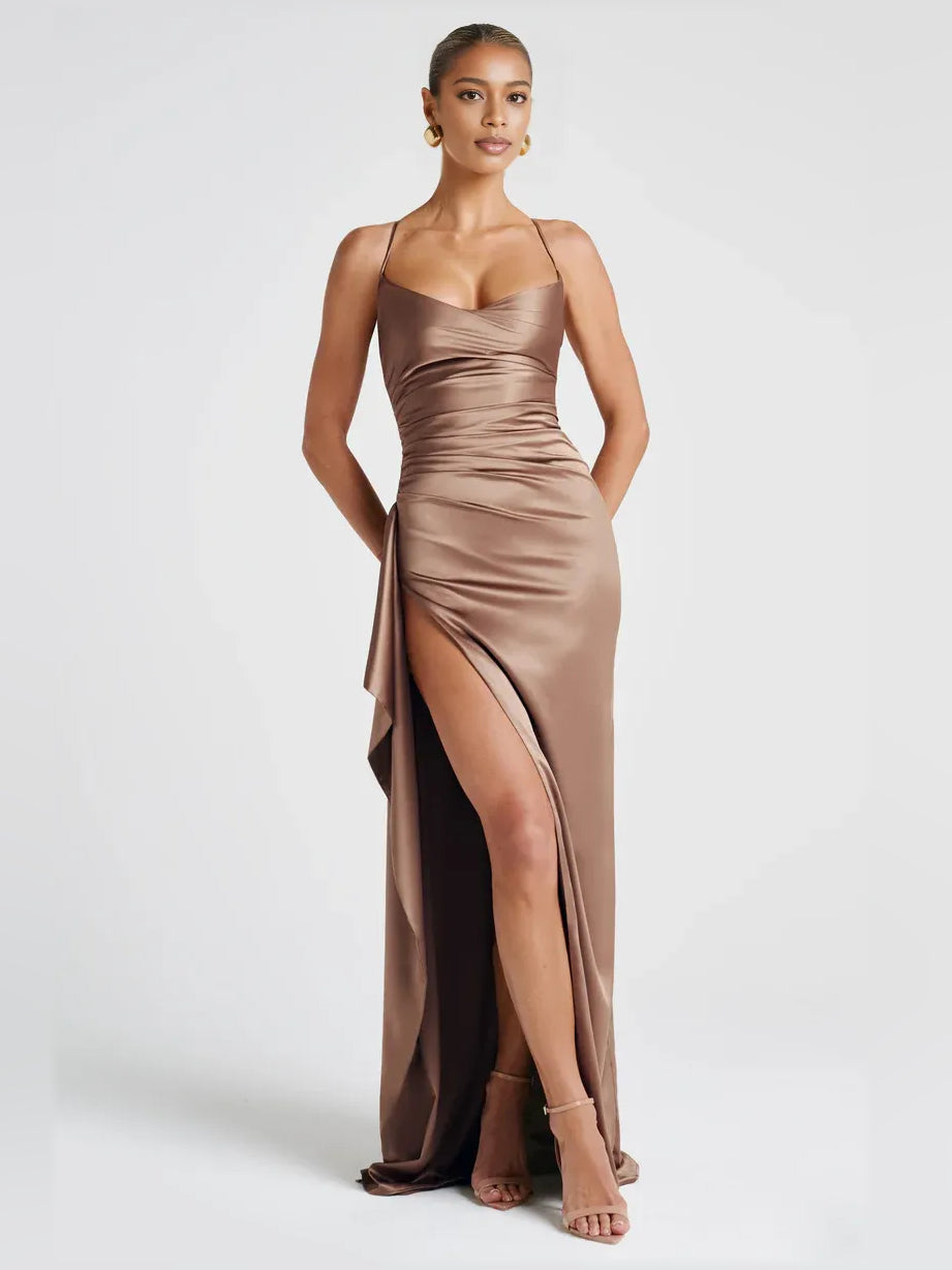 Taupe satin cowl-neck formal dress with ruched bodice and long side drape