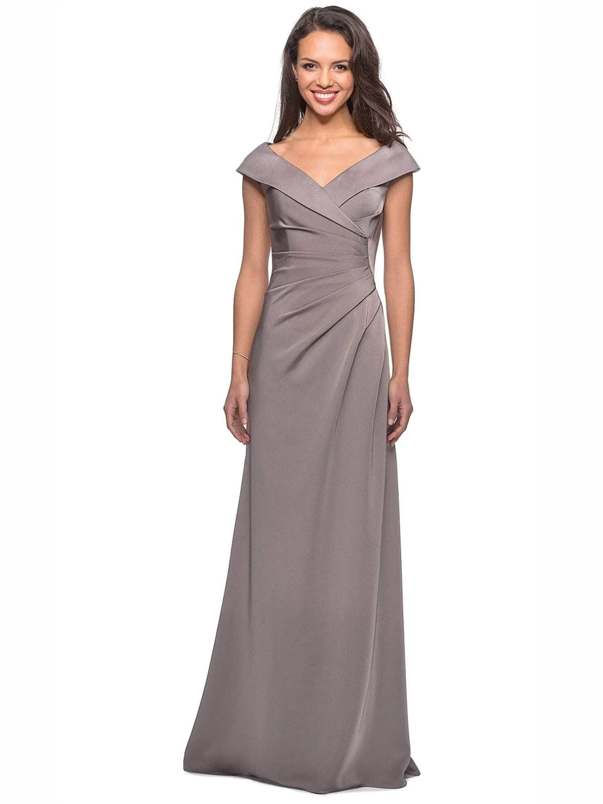 Taupe off-shoulder ruched sheath formal dress, floor-length with draped shoulder detail
