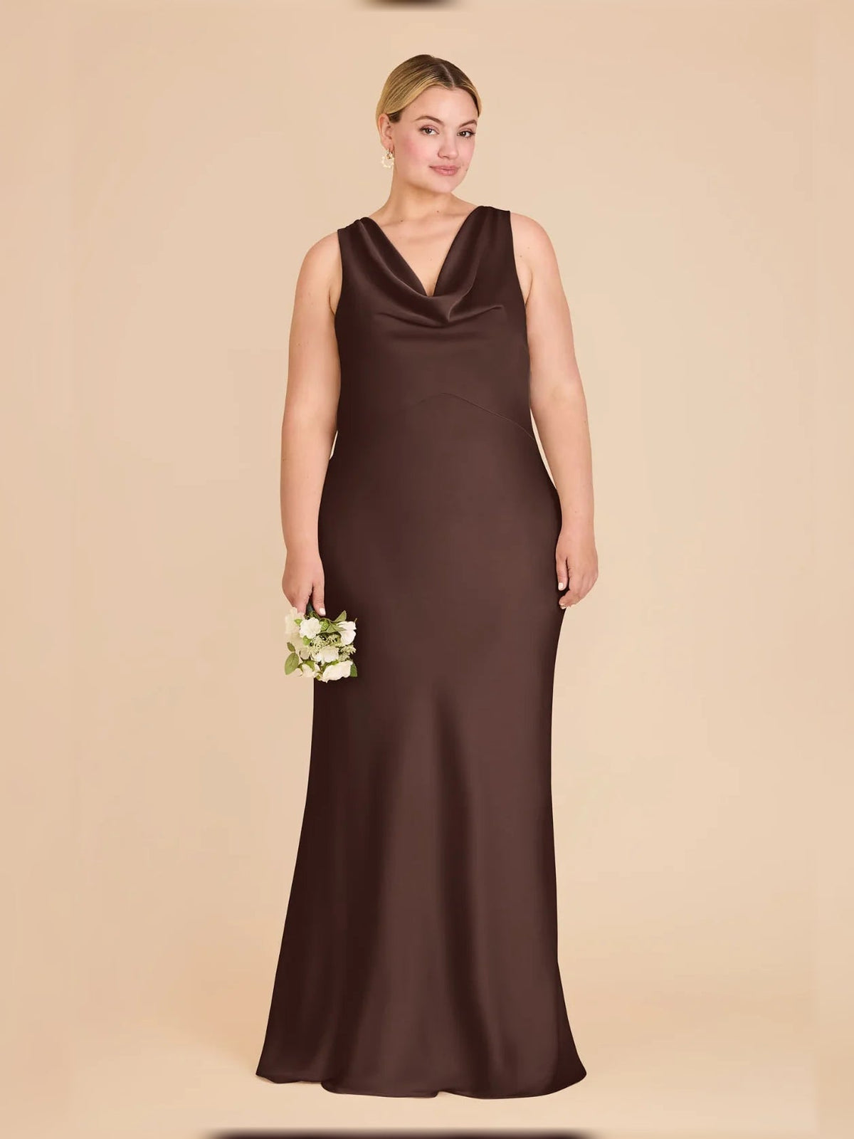 Espresso brown cowl-neck satin maxi dress, sleeveless fitted bodycon silhouette