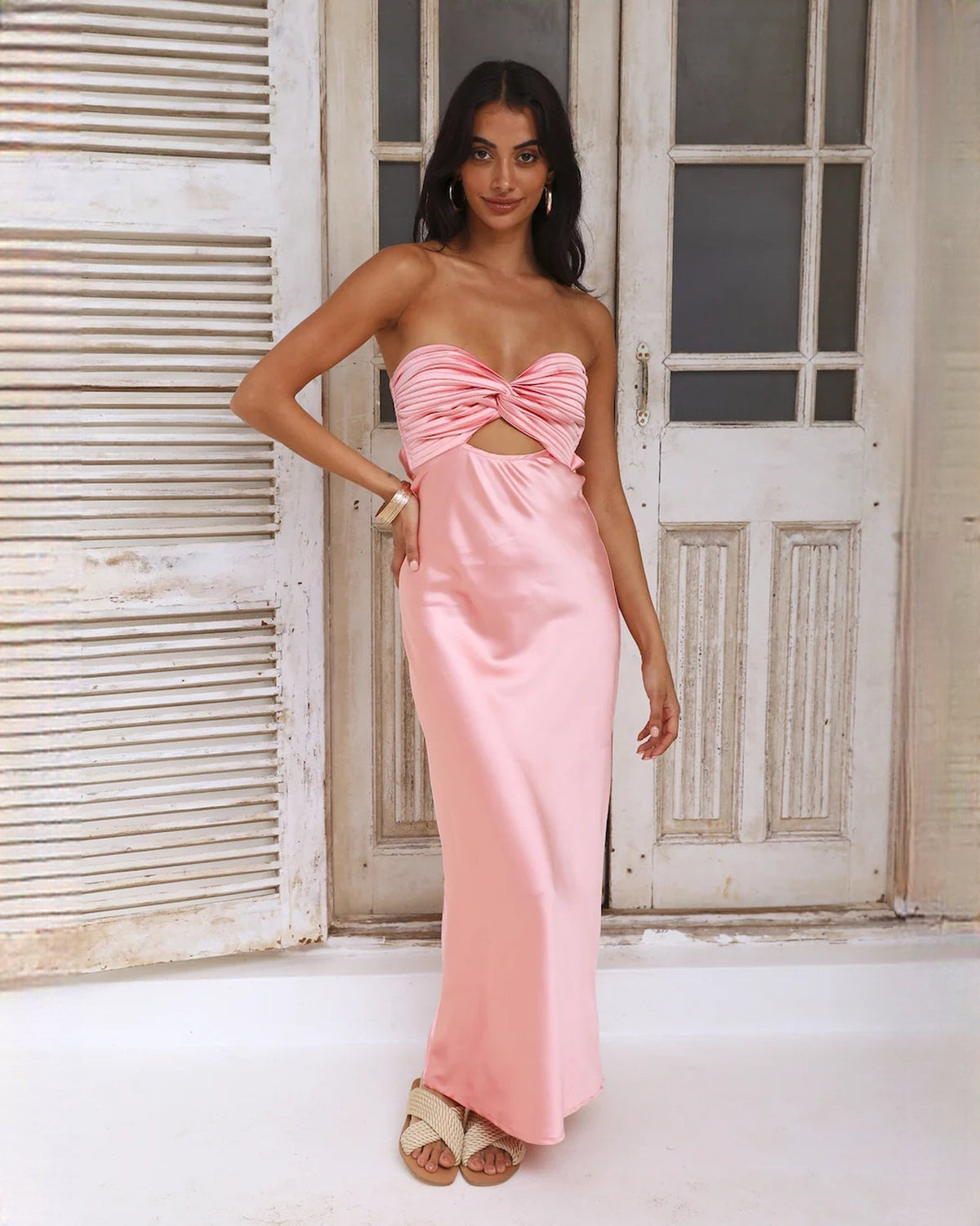 Dusty rose satin maxi dress with knotted sweetheart bodice and sleeveless cut