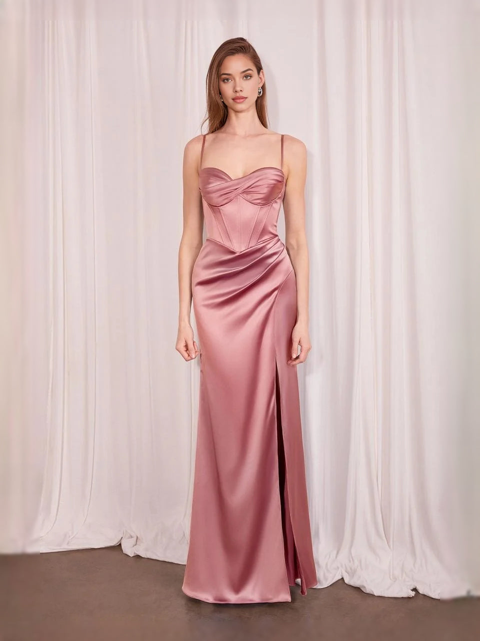 Ruched sweetheart satin prom dress with draped bodice and thigh slit, dusty rose pink