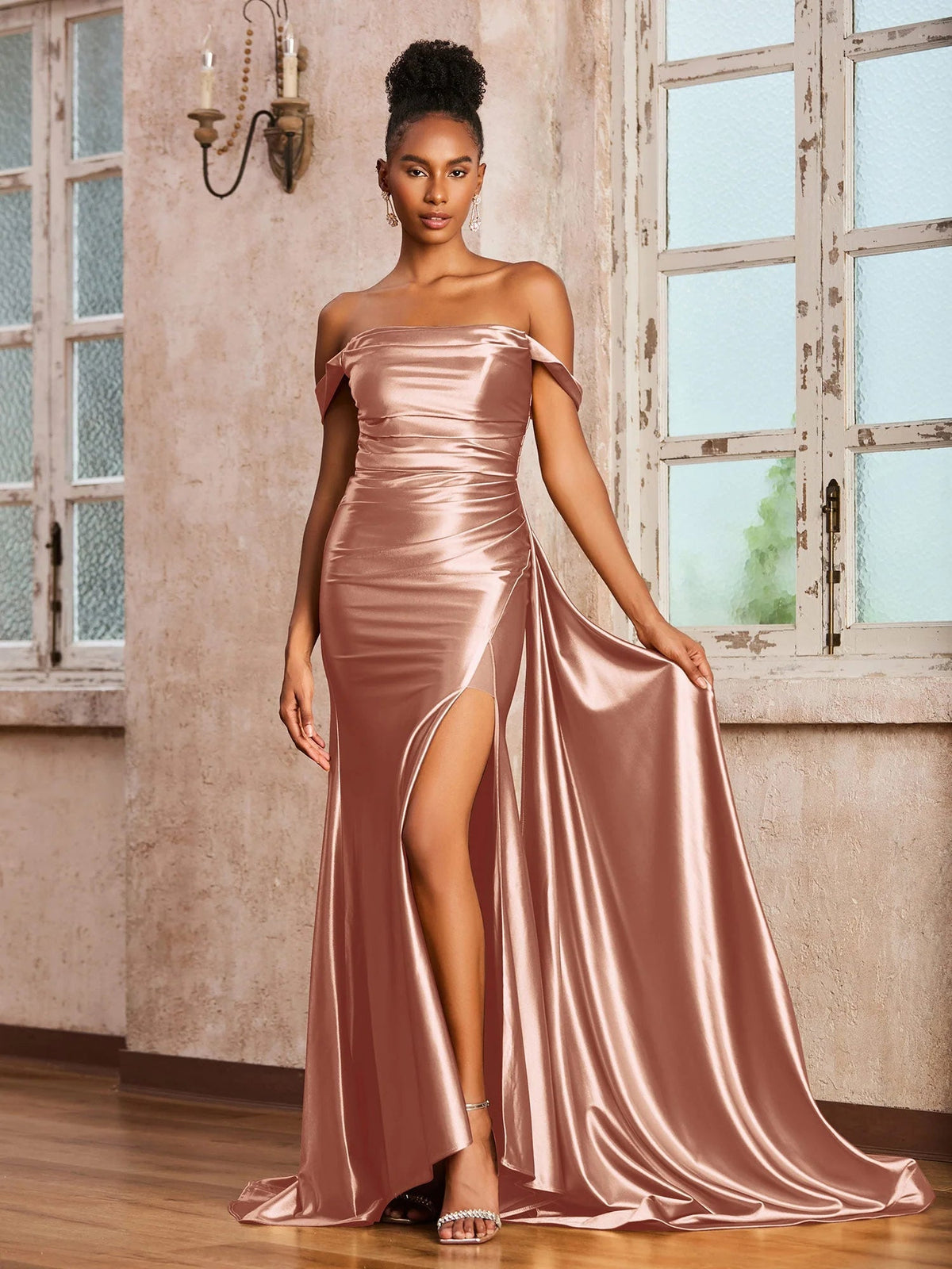 Champagne gold off-shoulder satin formal dress with corset bodice, ruching, front slit.