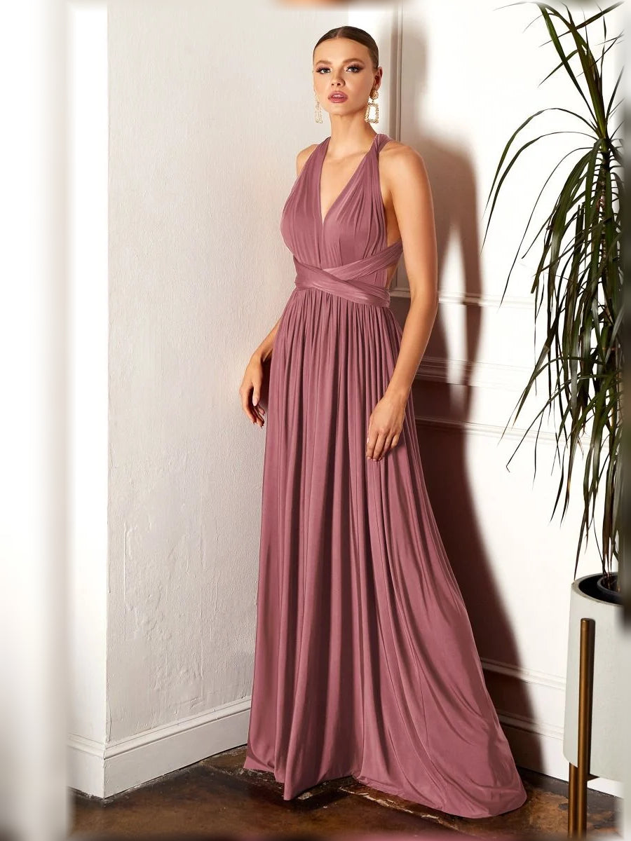 Mauve halter-neck formal gown with ruched waist and gathered pleated floor-length skirt