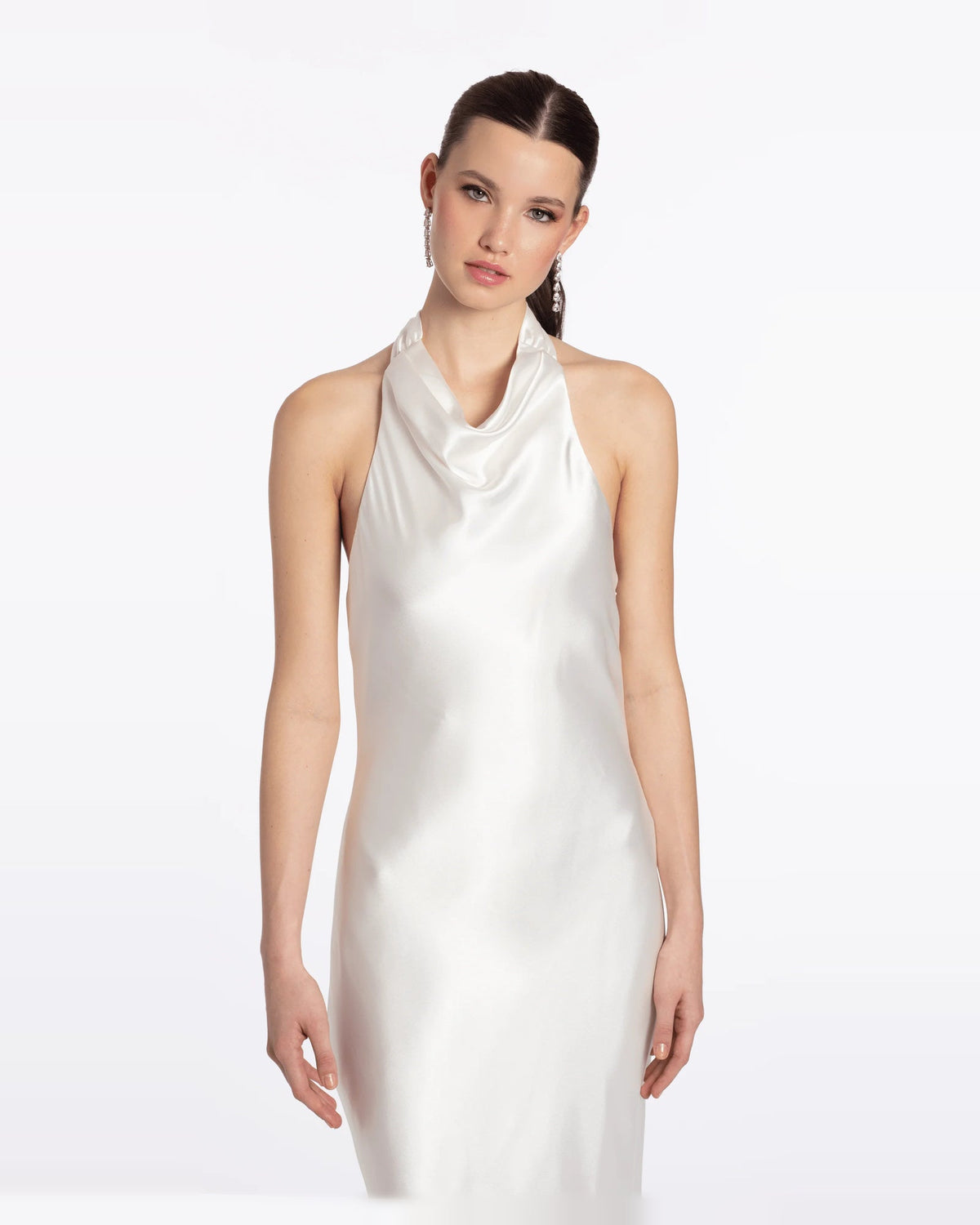 Ivory halter-neck column maxi prom dress with high draped neckline