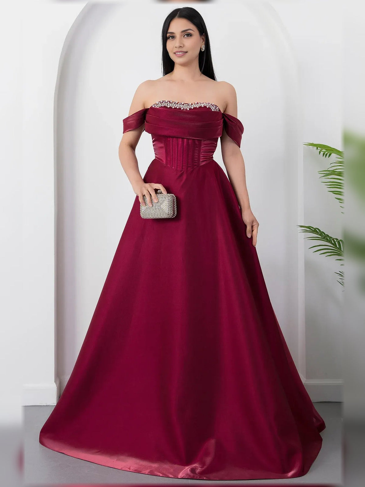 Deep red off-shoulder corset formal dress with beaded bodice, floor-length hem
