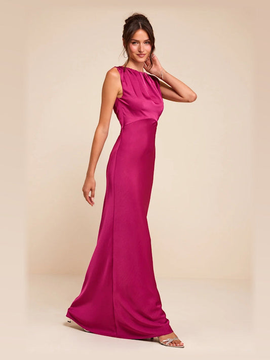 Magenta satin boat-neck A-line maxi dress, sleeveless with draped skirt