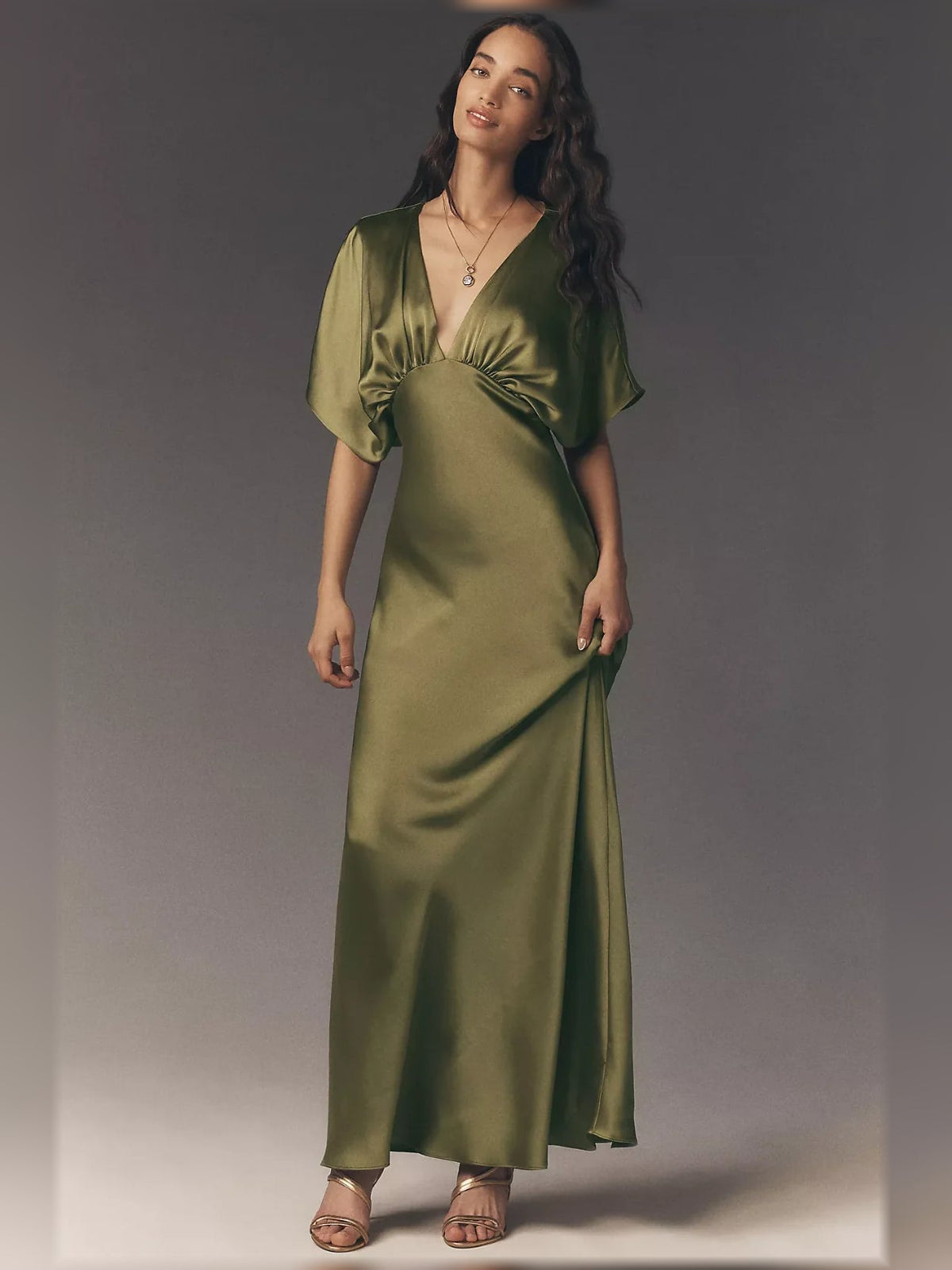 Olive green satin column maxi dress with V-neck and draped short sleeves