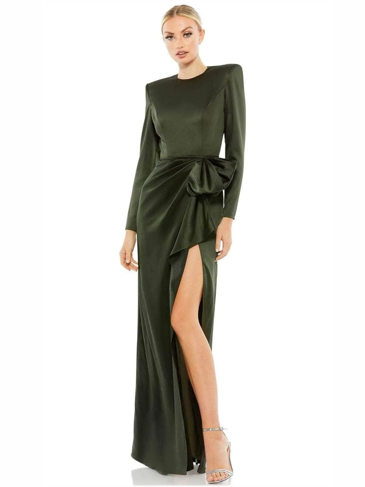 Olive green long-sleeve sheath formal dress with front slit and ruffled waist bow