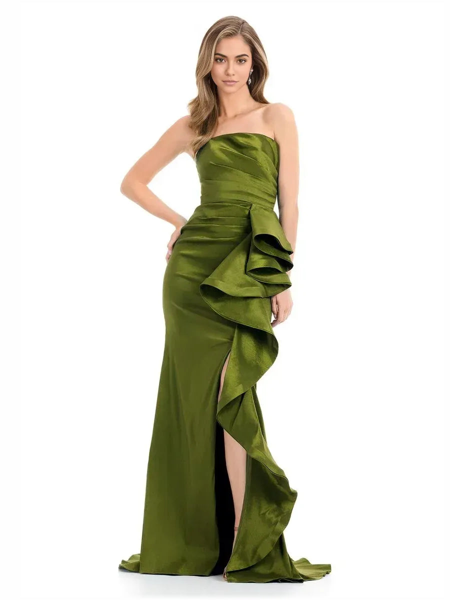 Olive green strapless formal gown with gathered ruching and layered ruffles