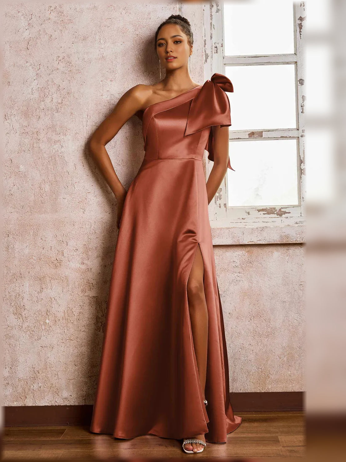 Rust one-shoulder satin A-line formal dress with side slit, floor-length