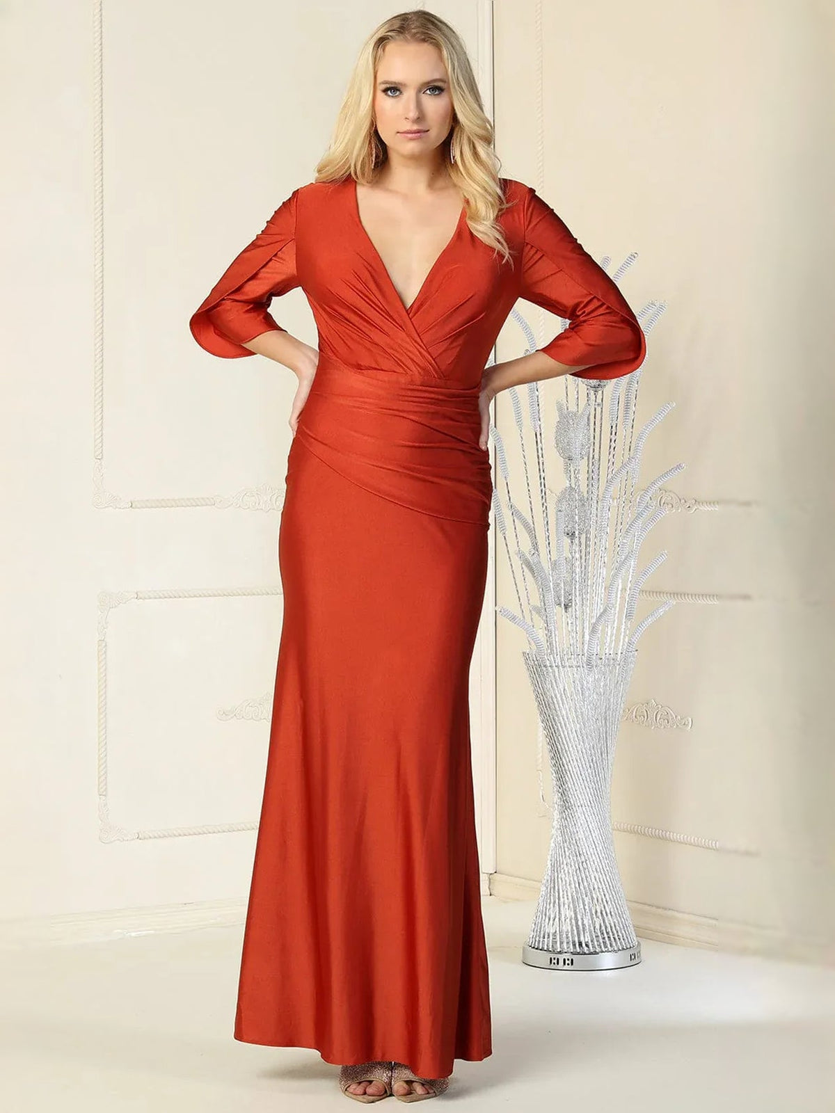 Rust V-neck ruching mermaid formal gown with three-quarter sleeves, floor-length