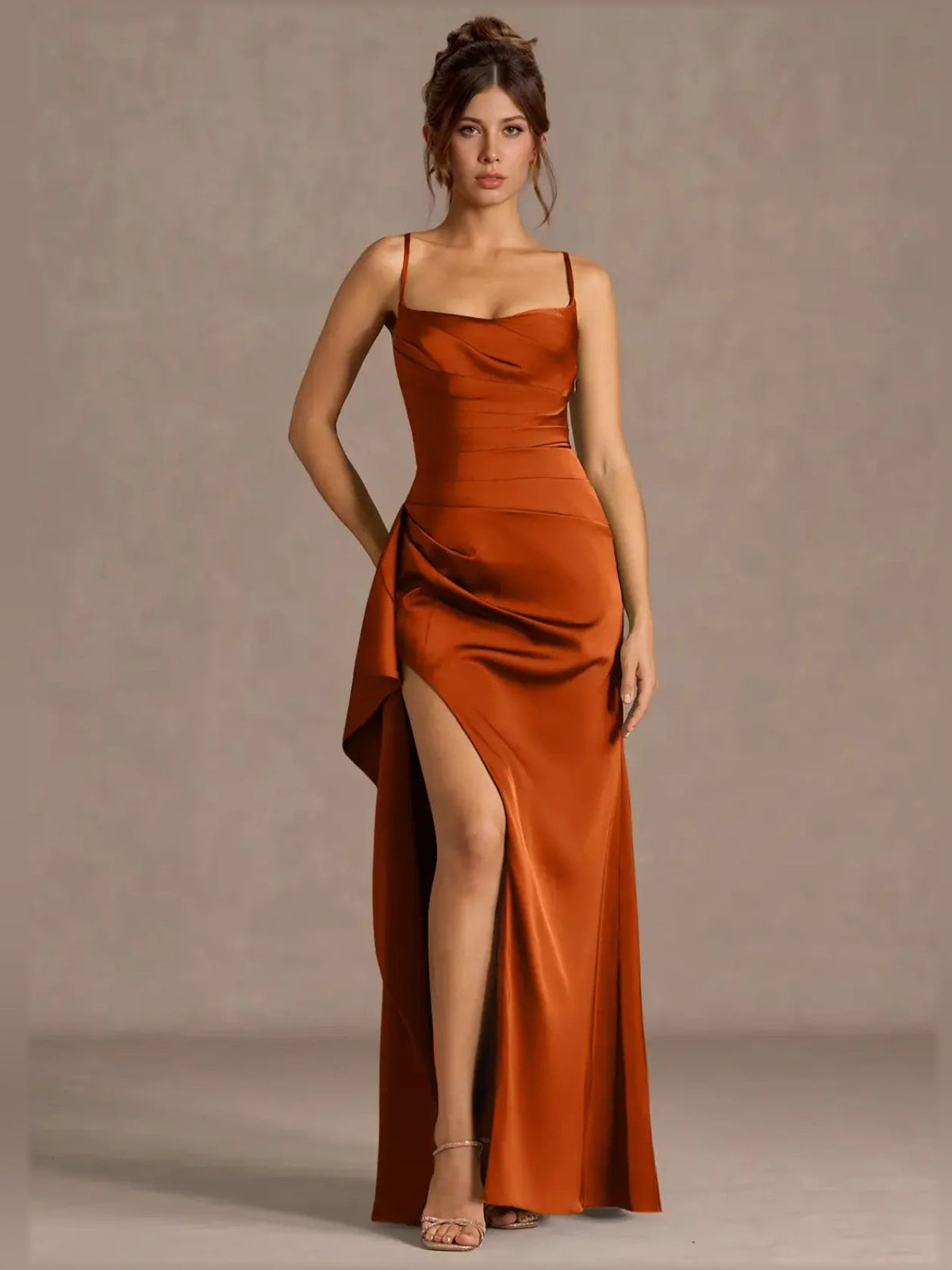 Rust orange sweetheart spaghetti-strap formal dress with draped bodice and side slit