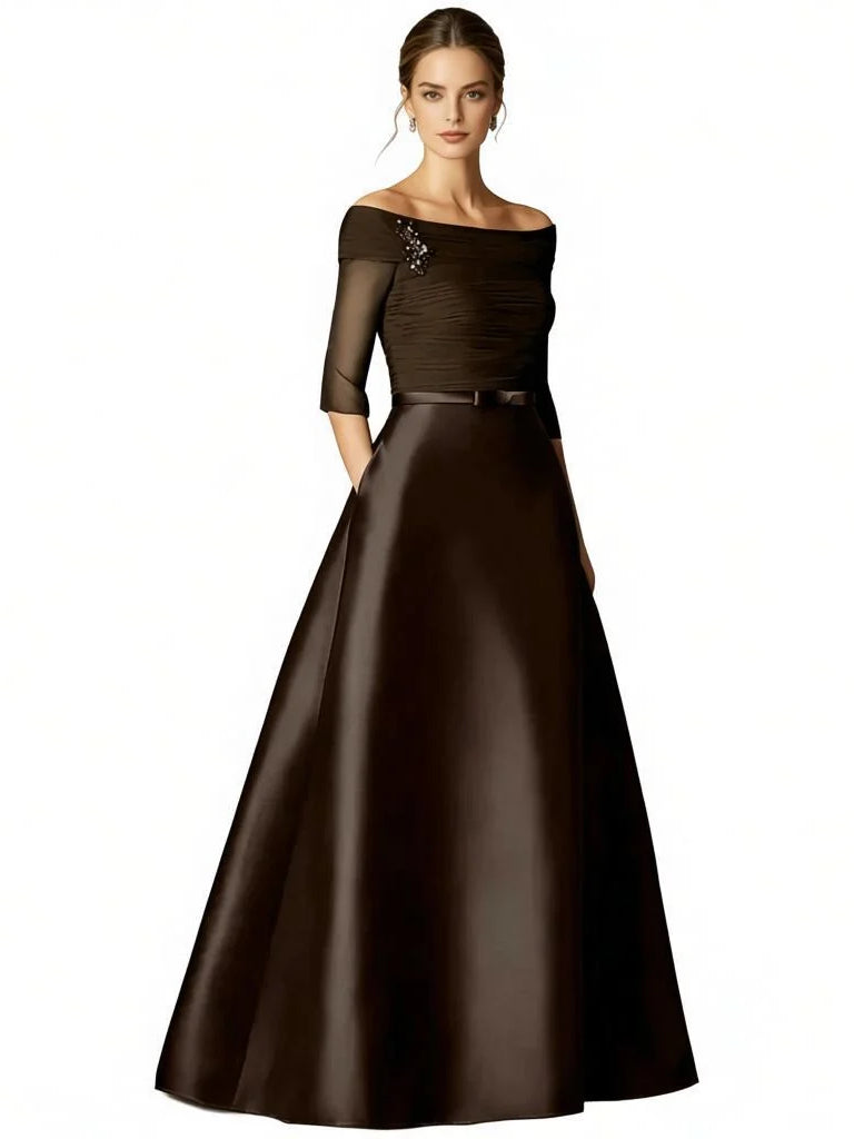 Black off-shoulder satin A-line dress with ruched bodice and sheer 3/4 sleeves