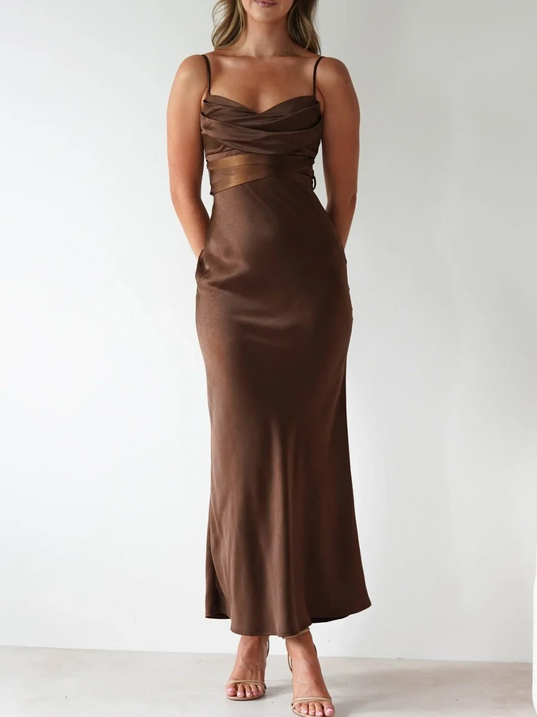 Dark brown satin formal gown with V-neck and mermaid silhouette