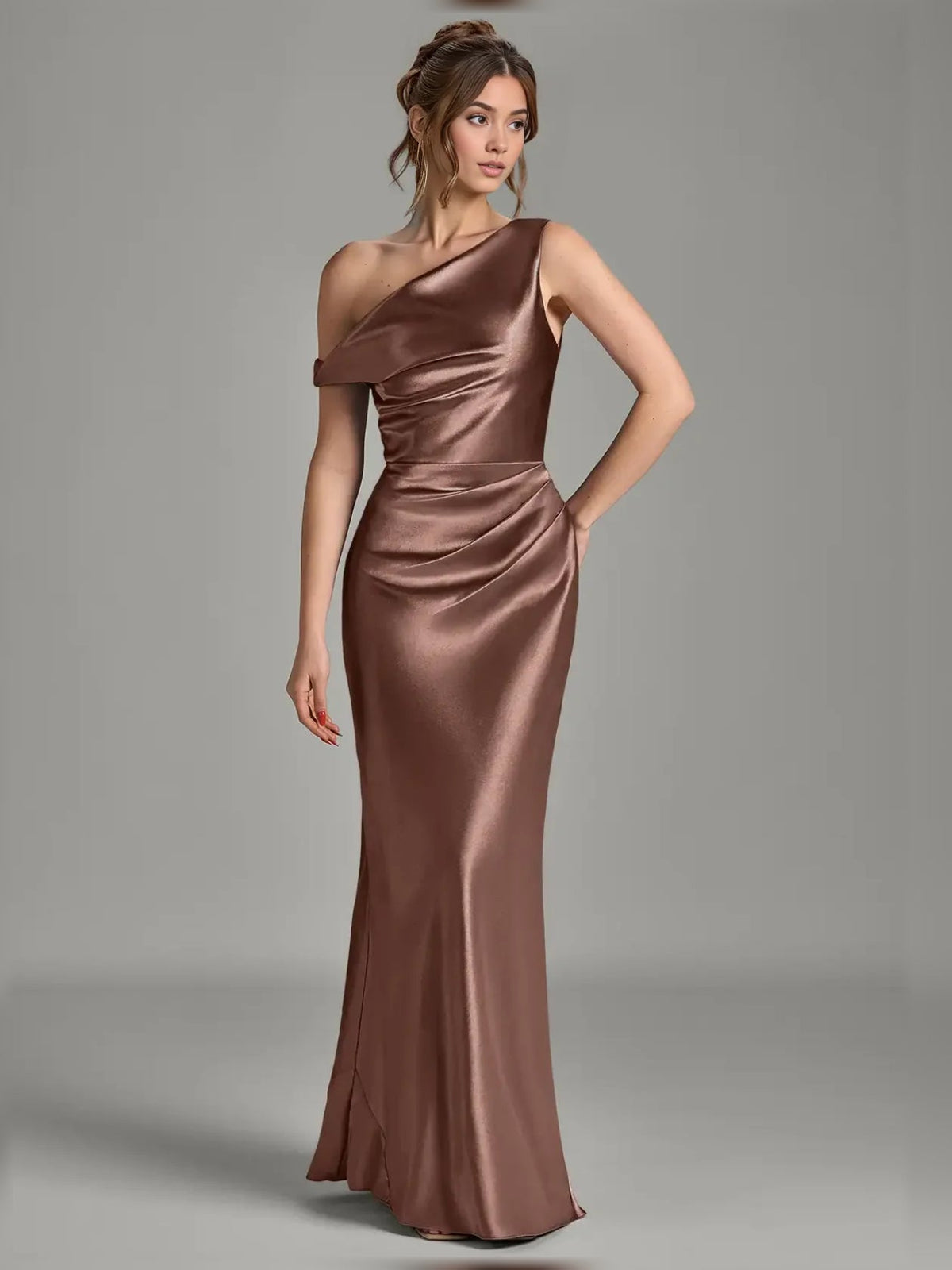 Off-shoulder satin mermaid dress in espresso brown, full front view with ruching