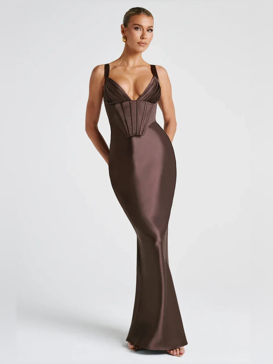 Espresso corset mermaid formal dress with V-neck bodice and thin straps, floor-length gown