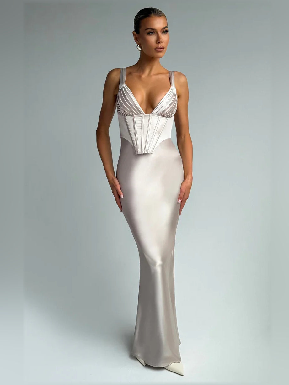 Light gray corset mermaid formal dress with V-neck and spaghetti straps, floor-length