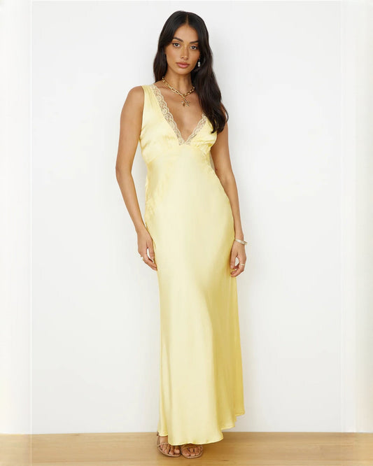 Light yellow satin A-line maxi bridesmaid dress with lace V-neck and wide sleeveless straps