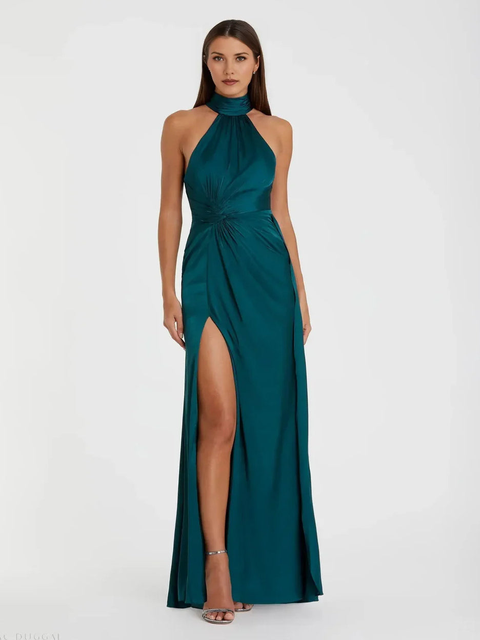 Deep teal satin halter sheath prom dress with ruched waist and side slit, floor length