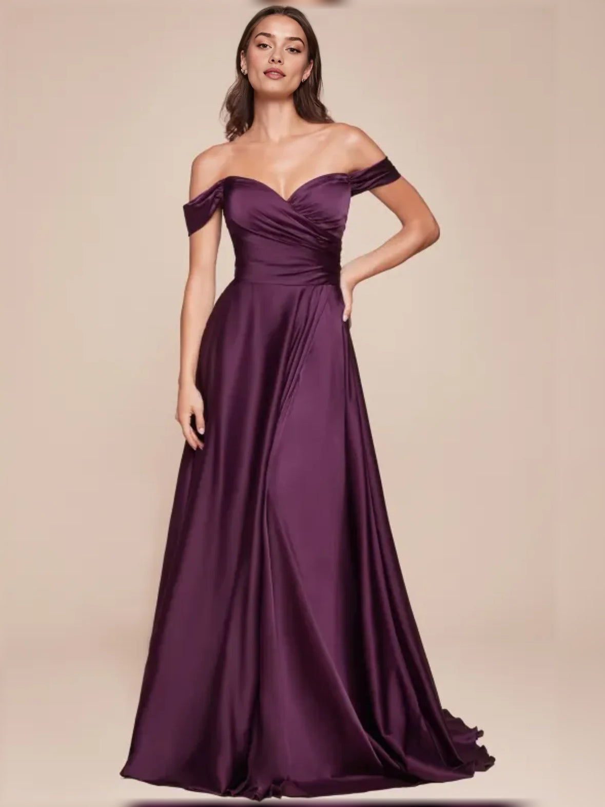 Plum satin off-shoulder A-line dress with sweetheart neckline and gathered skirt