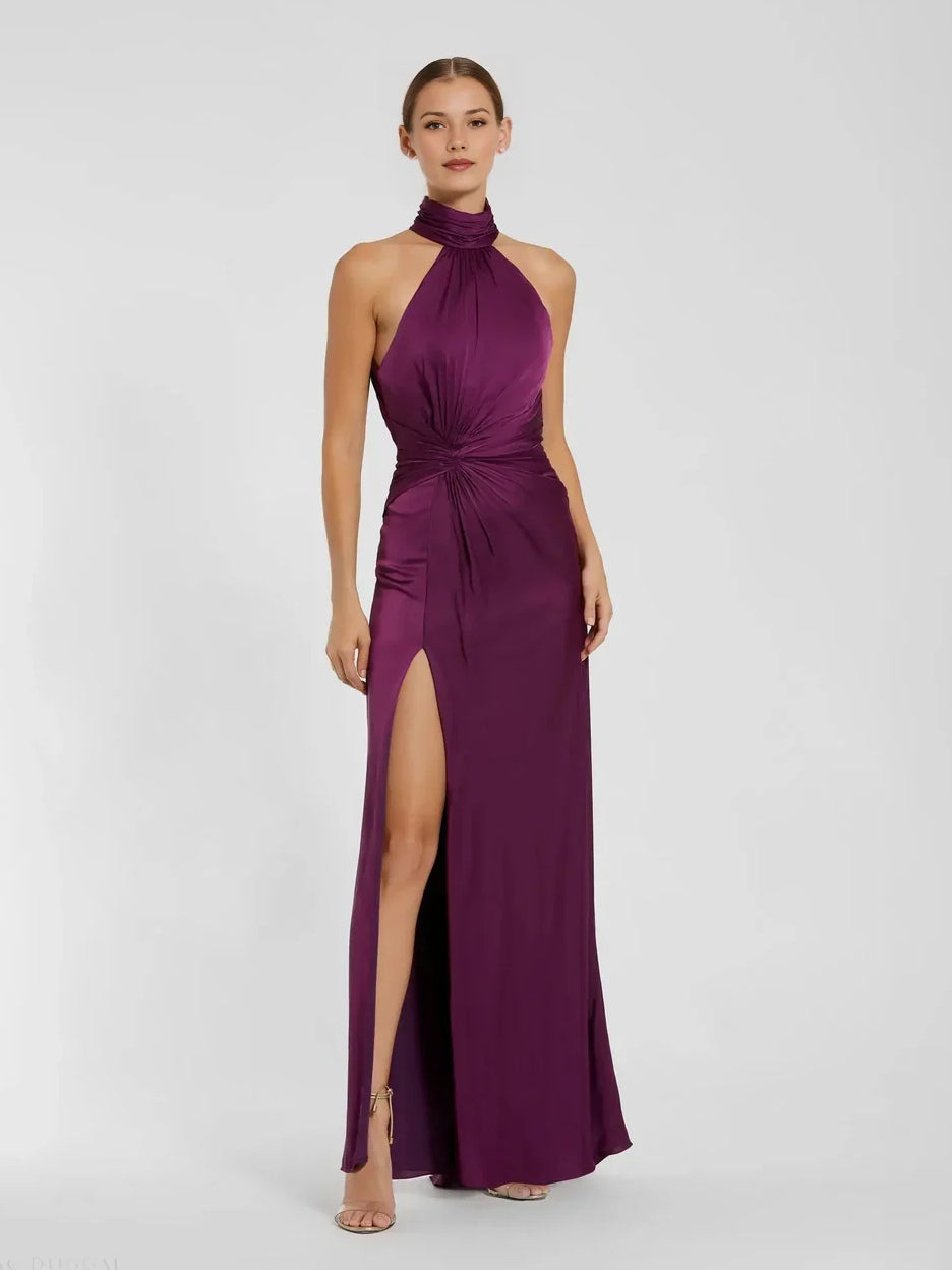 Plum satin halter prom dress with ruched waist and side slit, floor-length