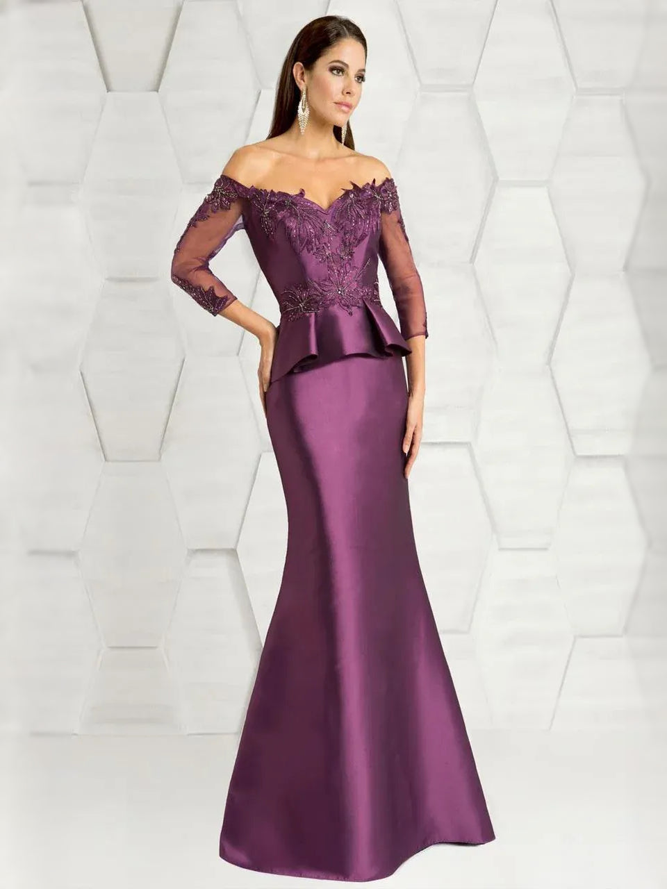 Plum off-shoulder gown front view with beaded floral bodice and peplum waist