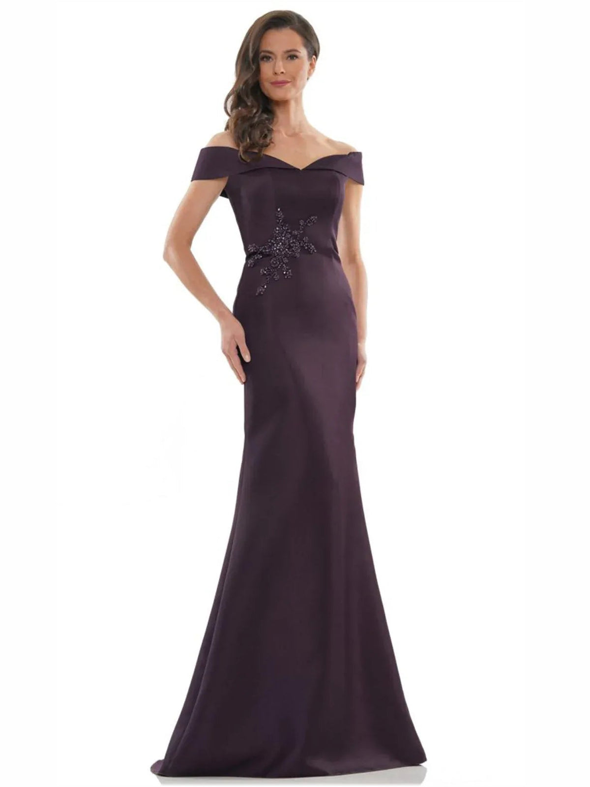 Plum off-shoulder mermaid gown with beaded centerpiece, floor-length formal dress