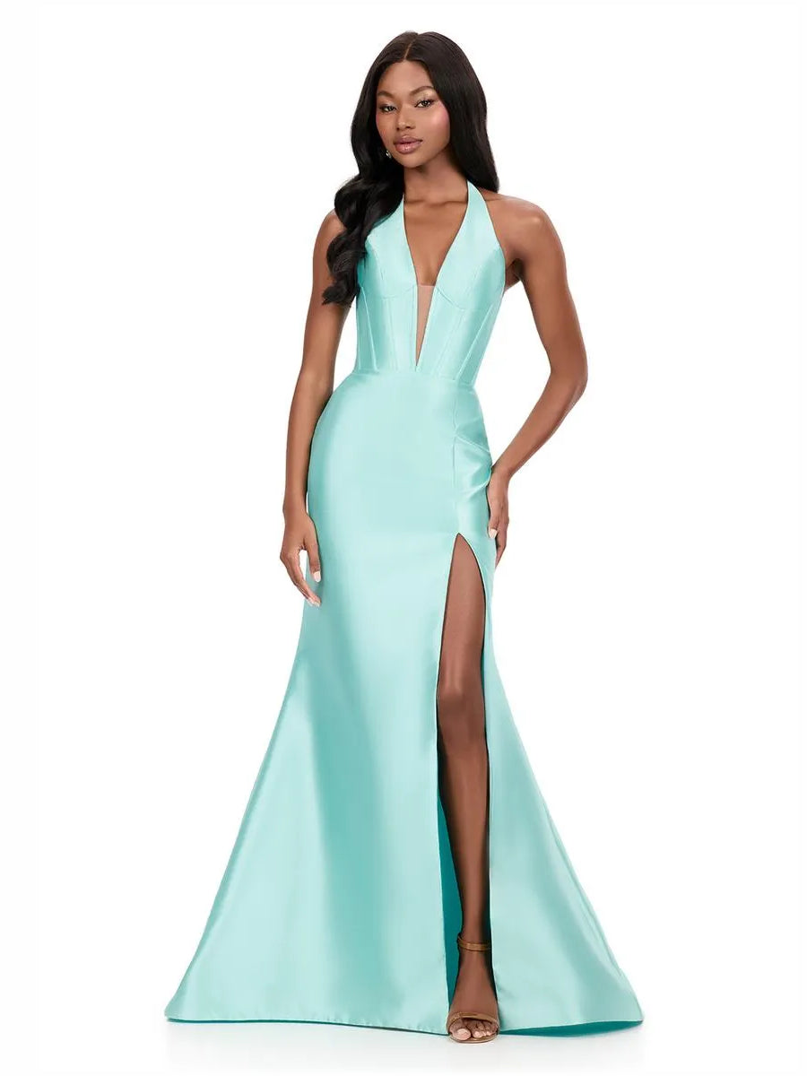 Aqua halter corset V-neck formal dress, floor-length with side slit