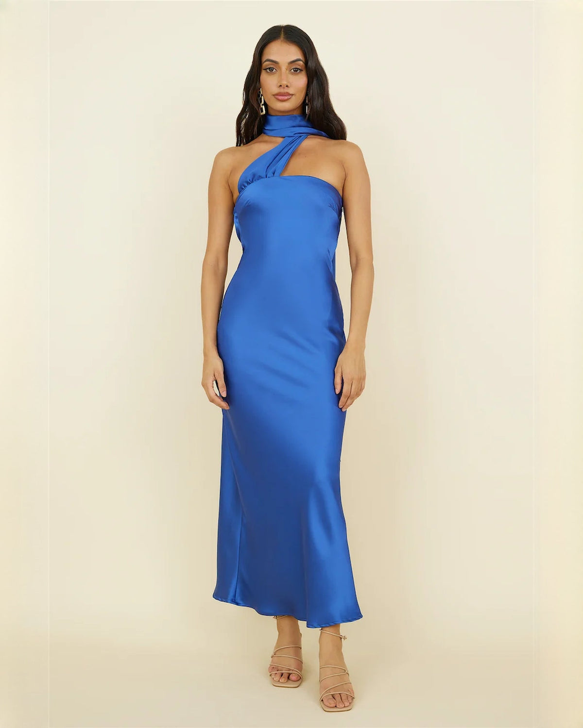 Satin A-line maxi bridesmaid dress, strapless royal blue with twisted neckline